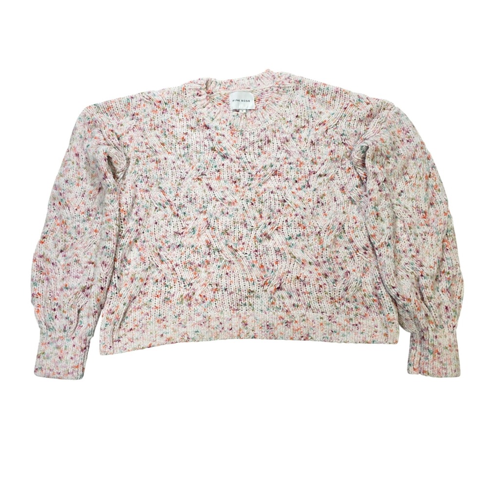 Pink Rose Confetti Cable Knit Sweater Women's Size M Multicolor Balloon Sleeve